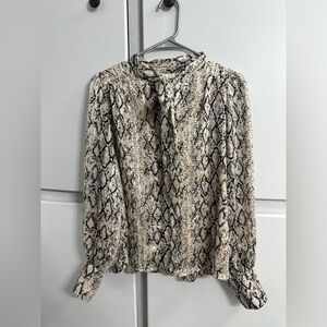 Joie Tan and Brown Cuffed Sleeve Blouse with Mandarin Collar